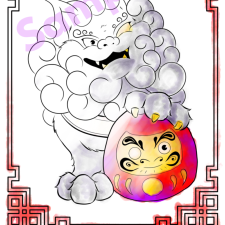 Daruma Doll and Foo Dog coloring page