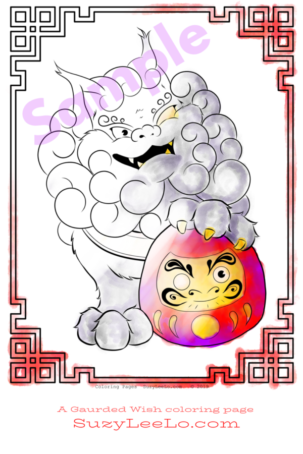 Daruma Doll and Foo Dog coloring page