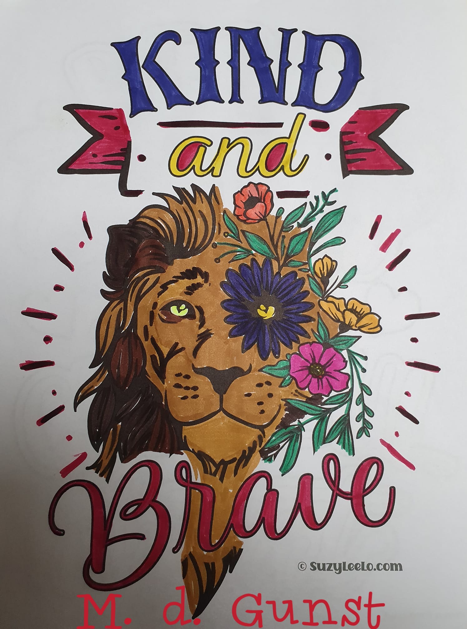 Kind and Brave Coloring Page Colored by Marlies with brushpen markers