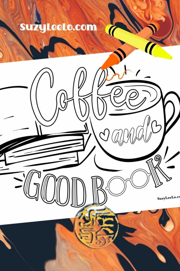 Coffee and a good book Coloring Page SuzyLeeLo