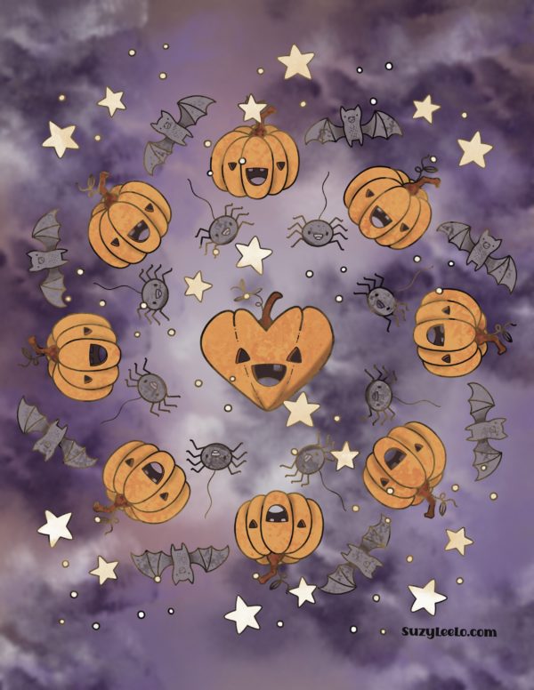 Halloween Pumpkins and Bats Coloring Page