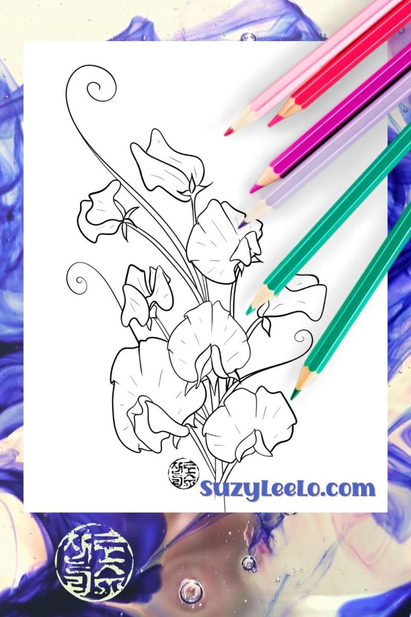 April Sweet Peas SuzyLeeLo Birthday Flower Coloring Page