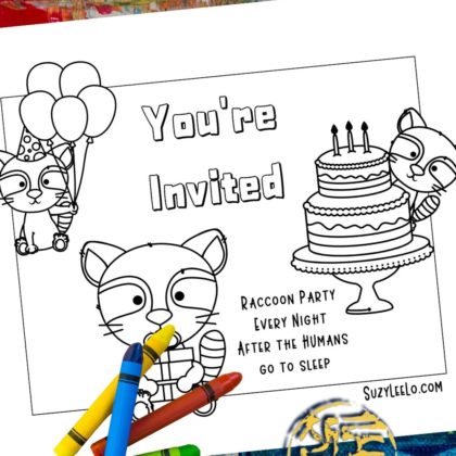 Raccoon Party Invitation Coloring Page - Suzy LeeLo