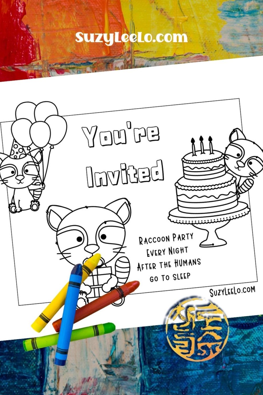 Raccoon Party Invitation Coloring Page - Suzy LeeLo