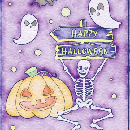 Skeleton holding sign Happy Halloween with pumpkin bat and ghosts coloring page