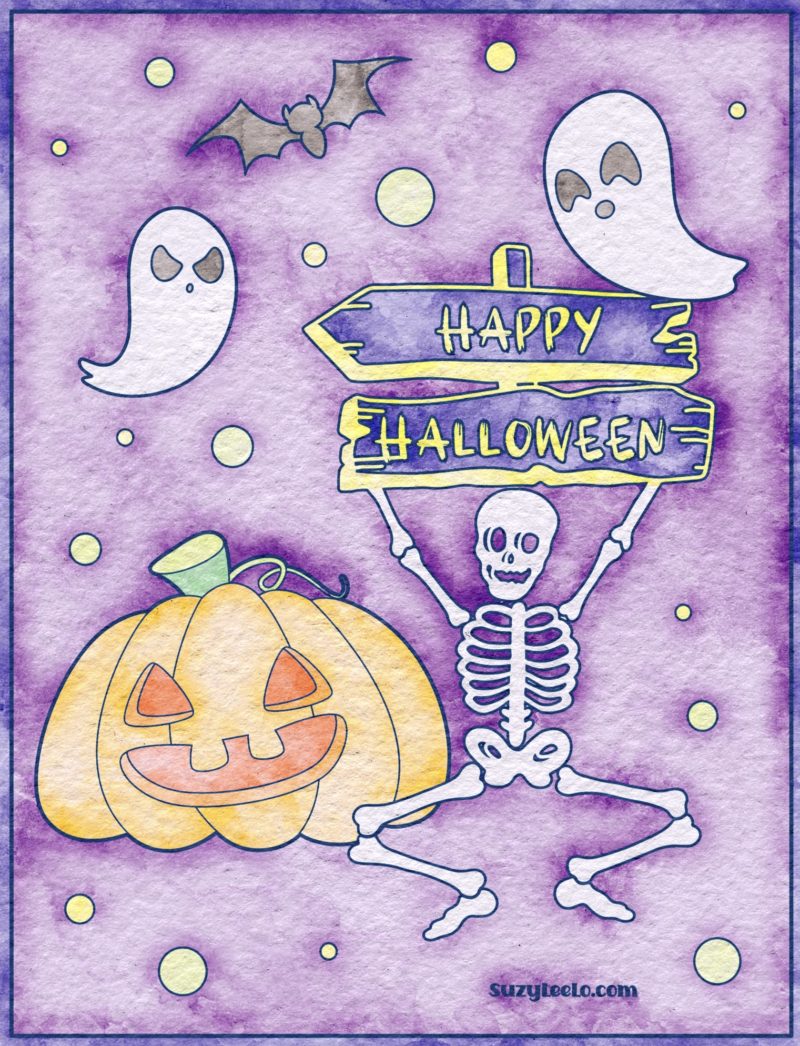 Skeleton holding sign Happy Halloween with pumpkin bat and ghosts coloring page