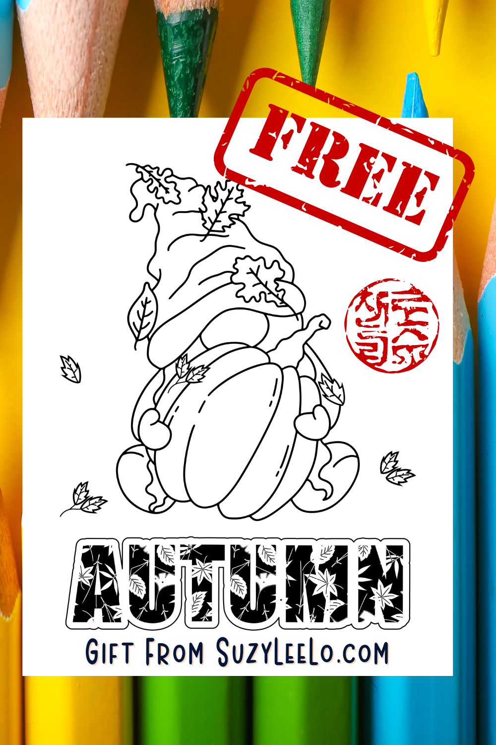 Autumn Gnome 2022 Free Coloring Page from SuzyLeeLo