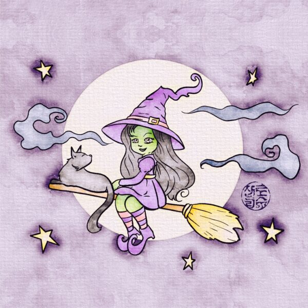 Cute Halloween Witch and Cat Halloween Coloring Page