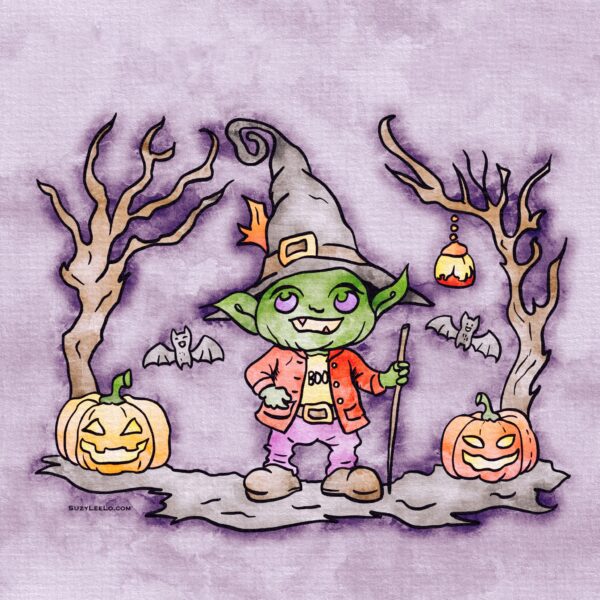 Halloween Goblin Coloring Page with a cute Goblin with pumpkins and bats colored by Suzy LeeLo