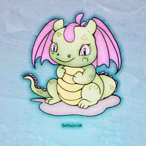 Cute Baby Dragon Coloring Page Preview showing pink wings and green scales by Suzy LeeLo