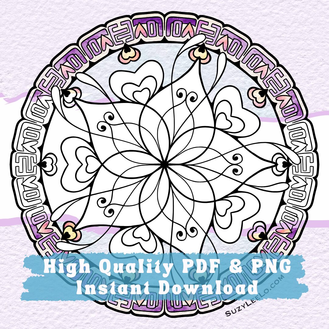 Hearts Flower WordArt border LOVE Coloring Page