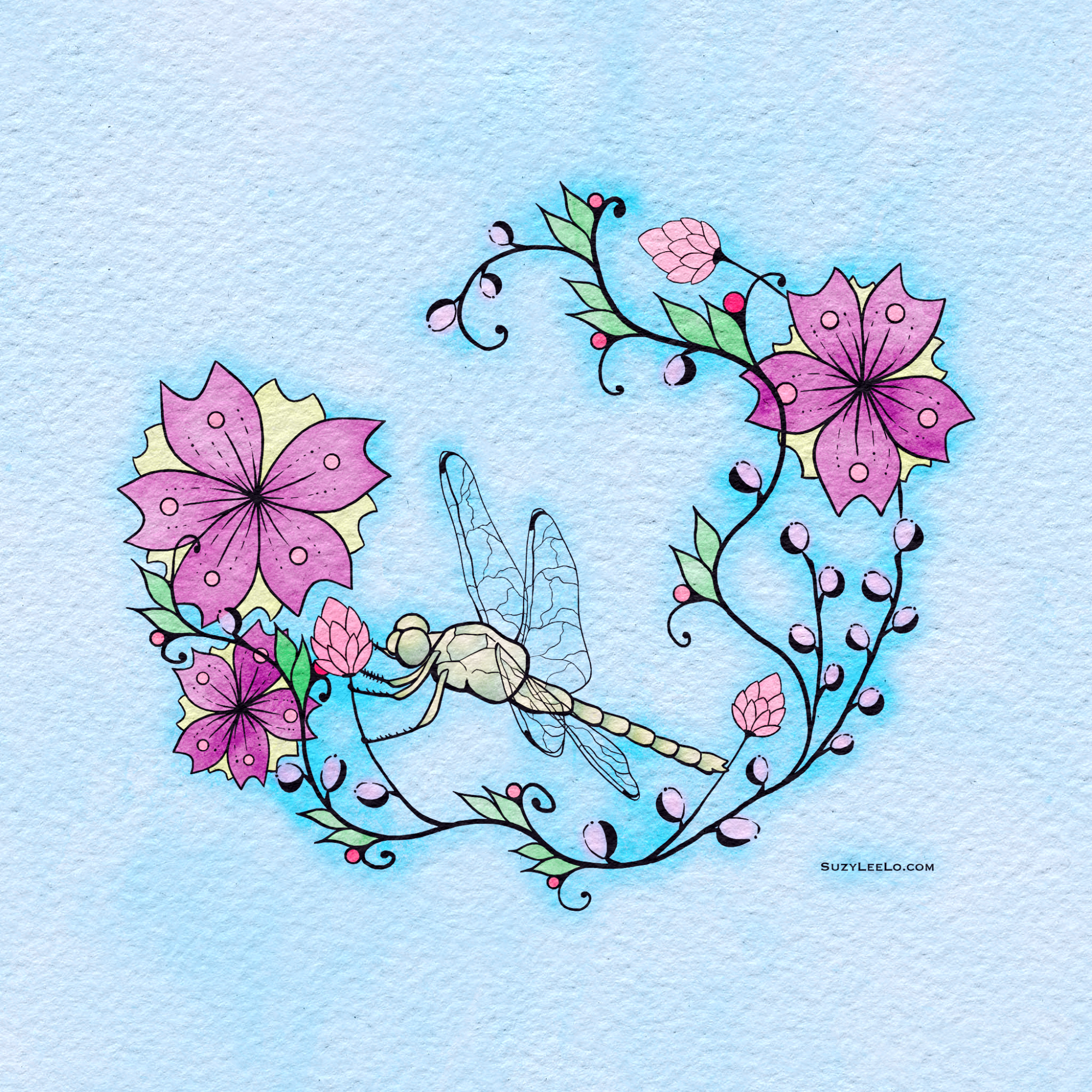 dragonfly floral printable coloring page